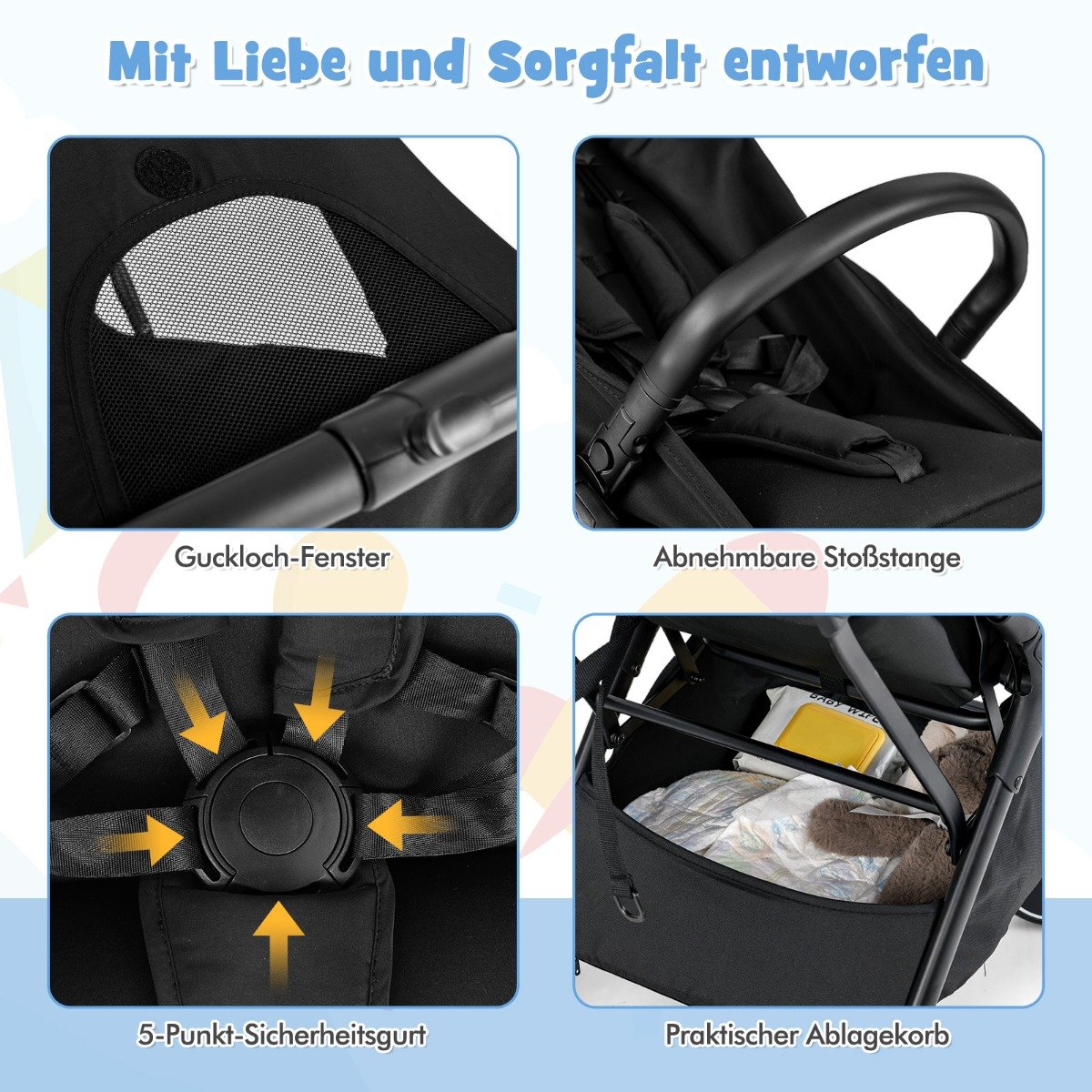Carrinho de bebê tipo guarda-chuva ultracompacto com estrutura de alumínio, cinto de segurança de 5 pontos, adequado para crianças de 0 a 36 meses, preto. - Image 3