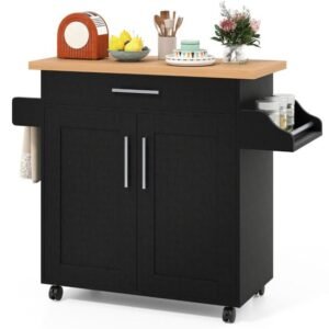 Carrinho de ilha de cozinha com espaço de armazenamento e prateleira ajustável - Preto