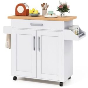 Carrinho de ilha de cozinha com espaço de armazenamento e prateleira ajustável - Branco