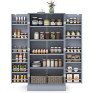 Armário de despensa de cozinha de 120 cm com portas e prateleiras ajustáveis ​​- Cinza