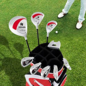 Conjunto completo de tacos de golfe para mulheres destras com bolsa de transporte vermelha.