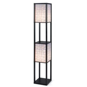 Luminária de chão com 2 prateleiras e 2 cúpulas, com estampa floral, soquete E27 (sem lâmpada) e interruptor de pé, preta.