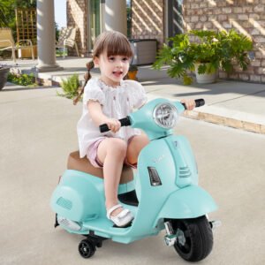 Motocicleta elétrica infantil Vespa licenciada, movida a bateria de 6V, com farol de LED azul.