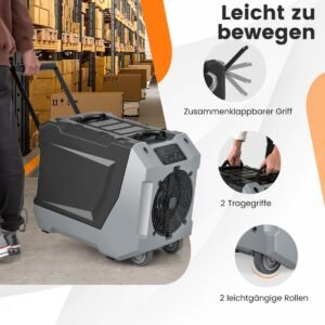 Desumidificador 85L/dia com bomba e mangueira de drenagem, descongelamento automático, 2 rodas e alça retrátil, preto.