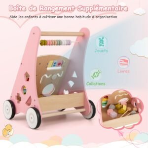 Andador de madeira 7 em 1 com caixa de armazenamento, andador educativo para bebês com 8 blocos e 1 martelo para bebês a partir de 1 ano de idade, rosa.