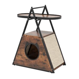 Móvel para Gatos com Armário Oculto, Casinha para Gatos e Mesa Lateral, Mesa de Cabeceira para Gatos com Prateleira Aberta de 2 Níveis