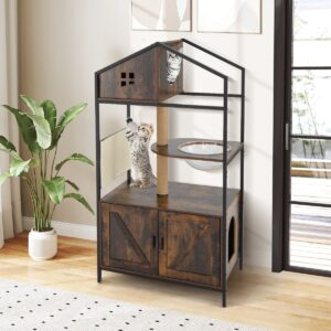 Torre industrial para gatos com banheiro oculto e compartimento para caixa de areia - Marrom rústico