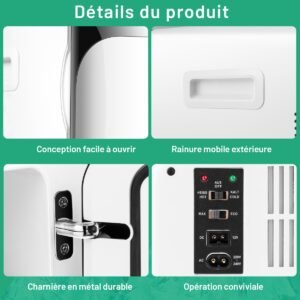 Mini geladeira portátil 2 em 1 de 15 litros com funções de aquecimento e resfriamento, dimensões de 27 x 33 x 38 cm, nas cores branca e preta.