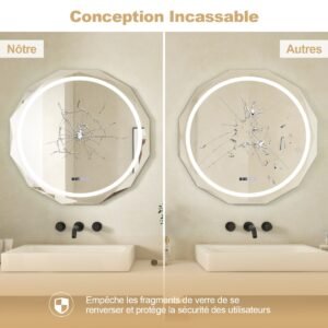 Espelho de banheiro com LED, iluminação, relógio e interruptor sensível ao toque, além de função antiembaçante.