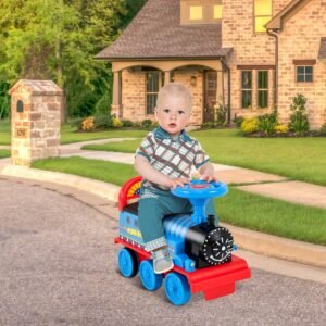 Locomotiva elétrica infantil 6V com trilhos, carro elétrico infantil com música, luzes e caixa, azul escuro.