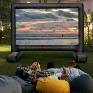 Tela de projeção inflável de 116 polegadas com soprador e estacas para fixação no solo, formato 16:9, resolução 4K HD, dupla face.