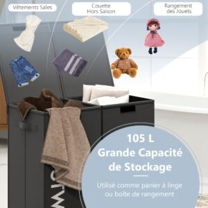 Cesto de roupa suja com 2 compartimentos e tampa, 105 litros, com 2 sacos removíveis para forro, preto.