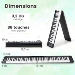 Teclado eletrônico de piano digital dobrável de 88 teclas, 137 x 16,5 x 5 cm, preto e branco.
