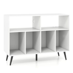 Suporte para toca-discos com estação de carregamento. Suporte para toca-discos com prateleiras para armazenamento de vinil. Branco.