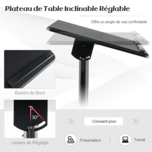 Púlpito móvel com altura ajustável, carrinho para laptop com rodinhas e bandeja superior inclinável para armazenamento - Preto