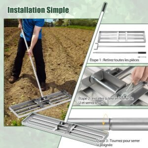 Ancinho nivelador de gramado de 42 x 10 polegadas com cabo ergonômico - Prateado
