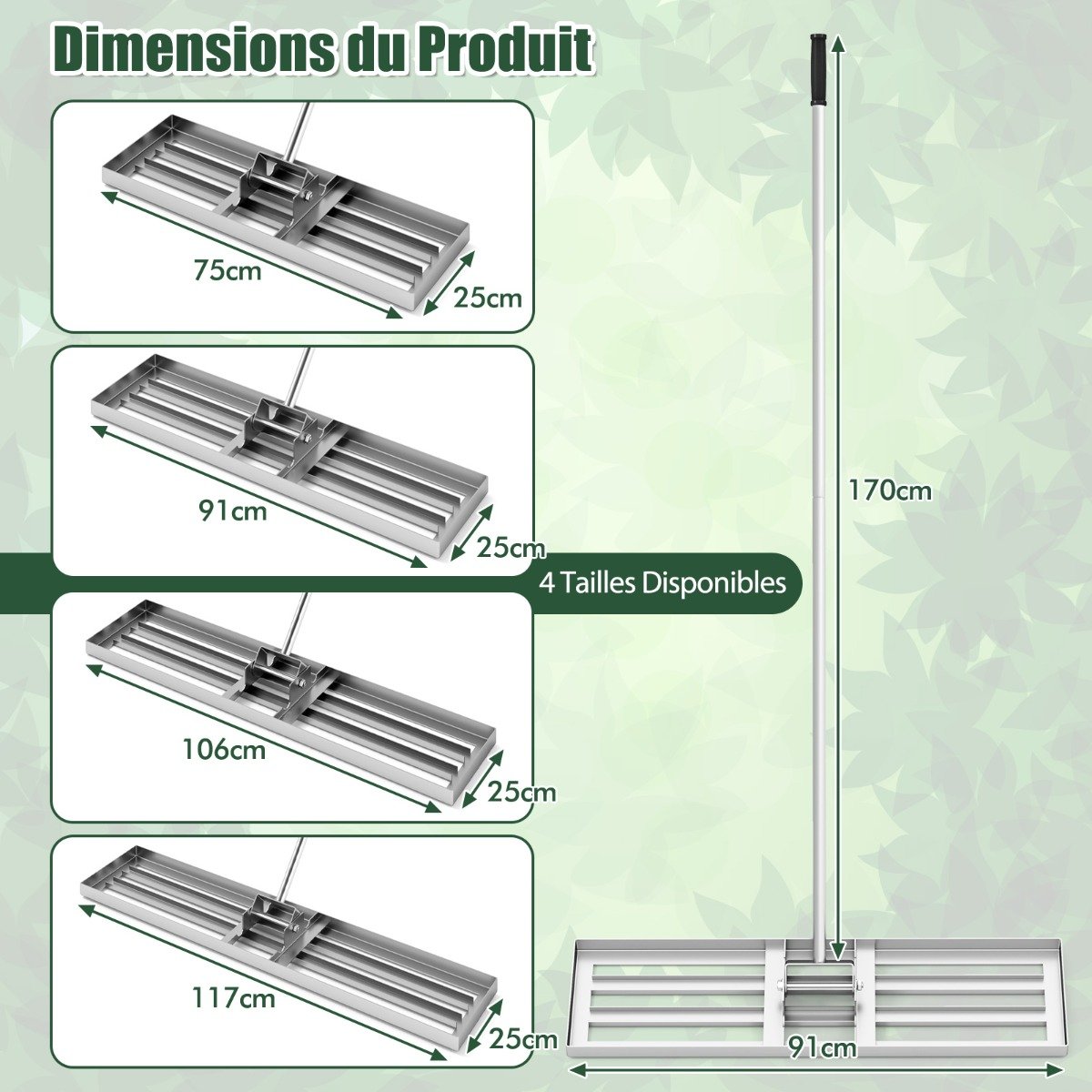 Ancinho nivelador de gramado de 36 x 10 polegadas com cabo ergonômico - Prateado