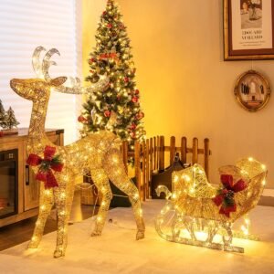 Rena iluminada com trenó, 100 luzes brancas quentes, decoração de Natal LED para interiores e exteriores, 8 estacas.