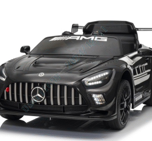 Carrinho elétrico infantil Mercedes-AMG GT3 licenciado, com controle remoto e 3 velocidades, na cor preta.