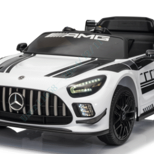 Carrinho elétrico infantil Mercedes-AMG GT3 licenciado, com controle remoto e 3 velocidades, na cor branca.