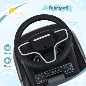 Carrinho de brinquedo infantil com pedais, buzina, sons de motor e compartimento de armazenamento embaixo do assento, preto.