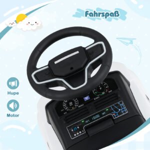 Carrinho de brinquedo infantil com pedais, buzina, sons de motor e compartimento de armazenamento embaixo do assento, branco.