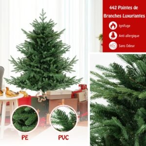 Árvore de Natal artificial de 135 cm com 442 pontas de galhos, 160 luzes LED brancas quentes, feita de PE e PVC.