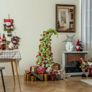 Árvore de Natal artificial pré-iluminada de 180 cm com ponta flexível, 290 galhos, 120 LEDs brancos quentes, 8 modos de iluminação, formato fino e curvo.