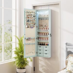 Armário de joias com LED, fechadura, para parede/porta, com espelho e 6 gavetas, verde.