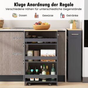 Carrinho utilitário de cozinha com 4 níveis, carrinho estreito de 20 cm com rodas e prateleiras abertas, cinza.