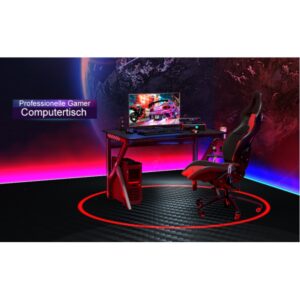 Mesa de jogos em formato de K com porta-copos e fone de ouvido.