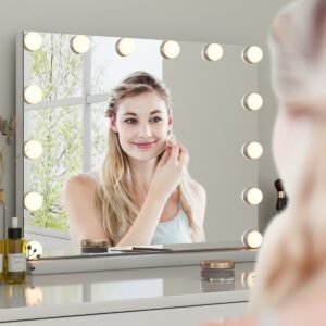 Espelho de mesa estilo Hollywood com iluminação, 14 luzes LED reguláveis ​​e 3 cores de luz, 50 x 12 x 43 cm.