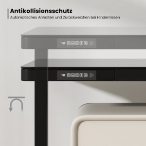 Mesa elétrica ajustável em altura com tampo de vidro temperado, na cor preta.