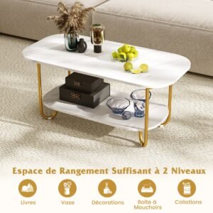 Mesa de centro com tampo em imitação de mármore e estrutura metálica resistente - Branca