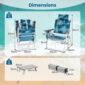 Conjunto de mesa e cadeiras de praia dobráveis, 5 posições, com estrutura leve em alumínio, cor azul.