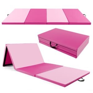 Tapete de ginástica dobrável em 4 partes com alças, em couro PU com fechos de velcro, ideal para exercícios na academia e ioga, na cor rosa.