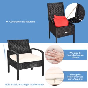 Conjunto de sofá de vime PE de 3 peças com almofadas laváveis ​​e removíveis para pátio.