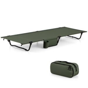Cama de camping ultraleve para adultos, dobrável e portátil, com bolsa de transporte lateral, compacta para mochilão, suporta até 150 kg, verde.