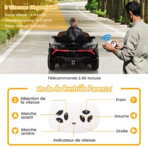 Carrinho elétrico infantil Lamborghini com controle remoto, faróis de LED, buzina e música, preto.
