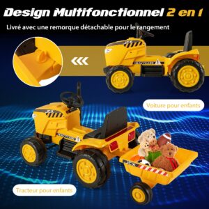Trator elétrico infantil 2 em 1 com reboque e carrinho elétrico de brinquedo com controle remoto - Amarelo