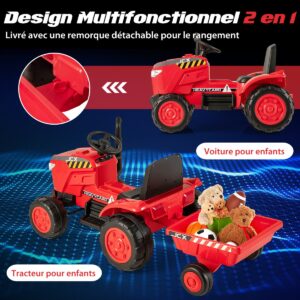 Trator elétrico infantil 2 em 1 com reboque e carrinho elétrico de brinquedo com controle remoto - Vermelho