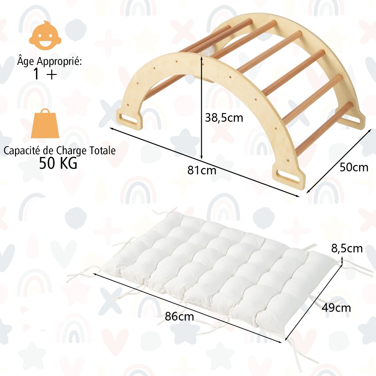 Gangorra 2 em 1 com Almofada, Arco de Escalada Dupla Face Natural