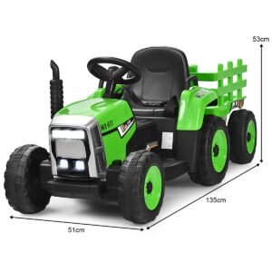 Trator infantil de 3 velocidades, 12V, com reboque removível, verde.