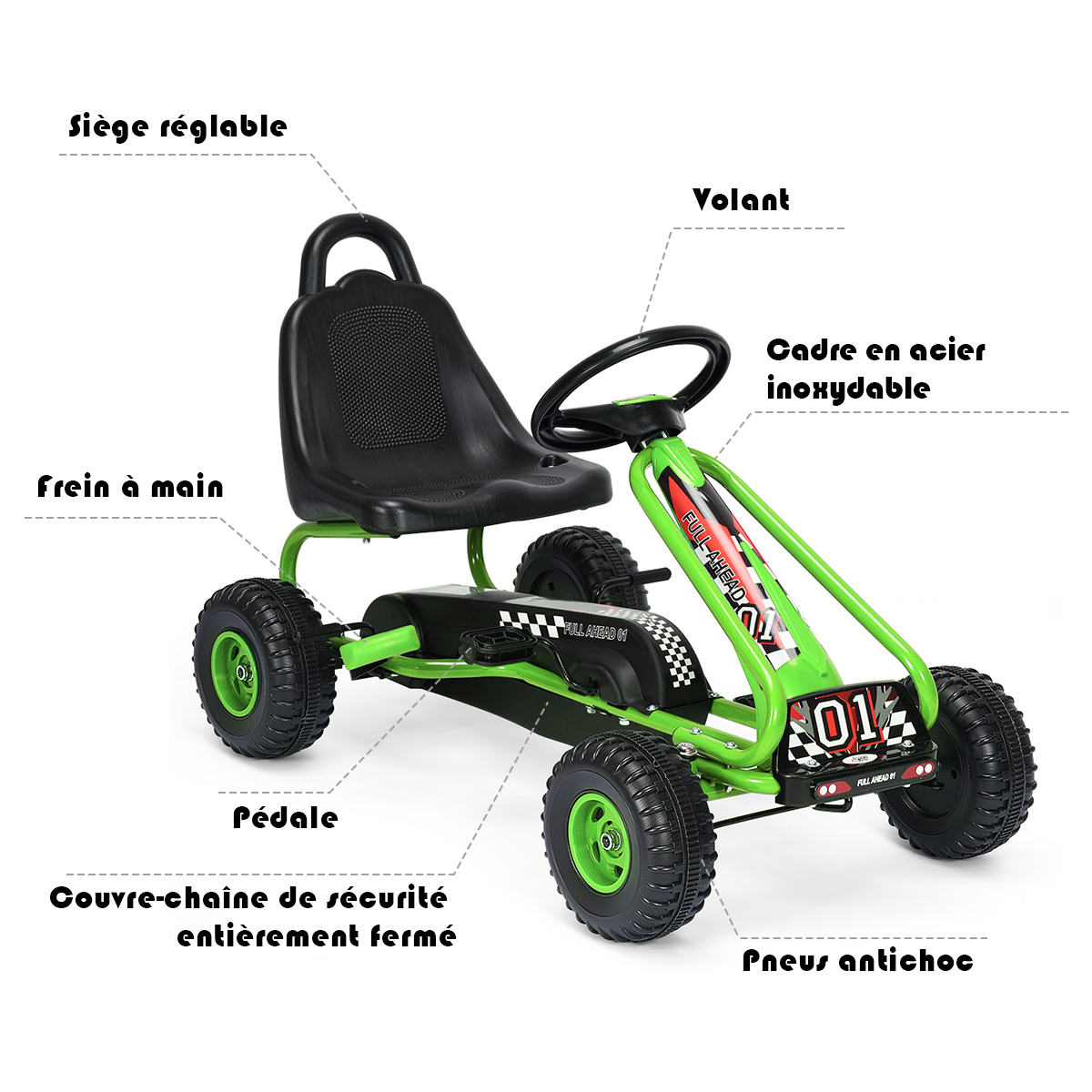 Carrinho elétrico infantil de 4 rodas com pedal e assento ajustável - Verde - Image 3