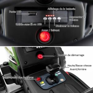 Trator infantil de 12 V com reboque removível e controle remoto, brinquedo elétrico verde.