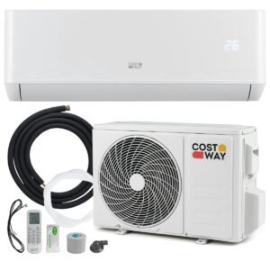 Ar-condicionado Mini Split de 12000 BTU (3,4 kW) com classificação energética A++ e sistema de bomba de calor para ambientes de até 70 m², na cor branca.
