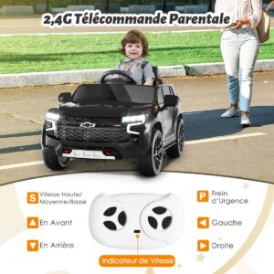 Carrinho elétrico infantil Chevrolet com controle remoto 2.4G, suspensão, luzes e música. Cor preta.