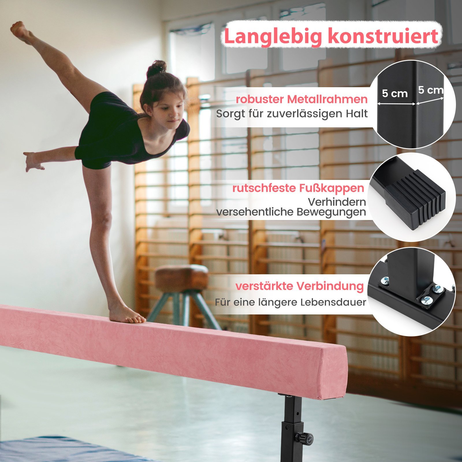 Barra de equilíbrio ajustável de 226 cm de altura e 3 alturas para ginástica, rosa. - Image 2