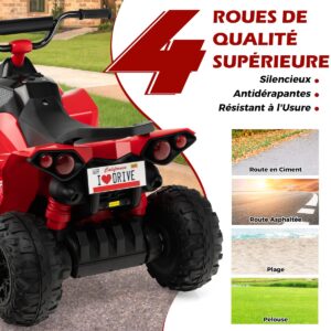 Quadriciclo elétrico infantil 12V com velocidade de 2,2/4,3 km/h, buzina, música e luzes de LED - Vermelho