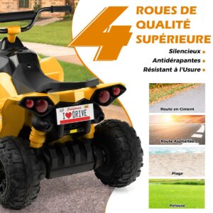 Quadriciclo elétrico infantil 12V com velocidade de 2,2/4,3 km/h, buzina, música e luzes de LED - Amarelo